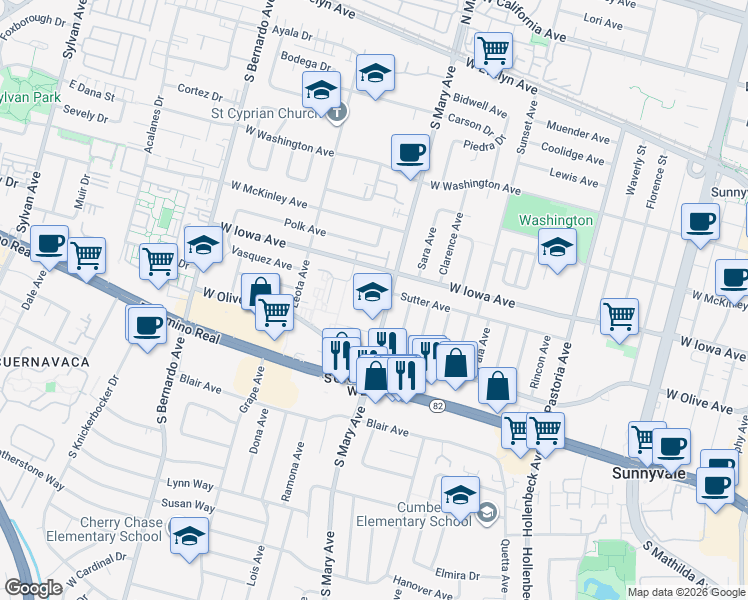 map of restaurants, bars, coffee shops, grocery stores, and more near 440 South Mary Avenue in Sunnyvale