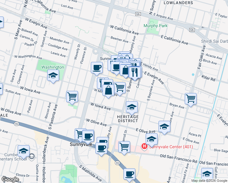 map of restaurants, bars, coffee shops, grocery stores, and more near 300-312 W McKinley Ave in Sunnyvale