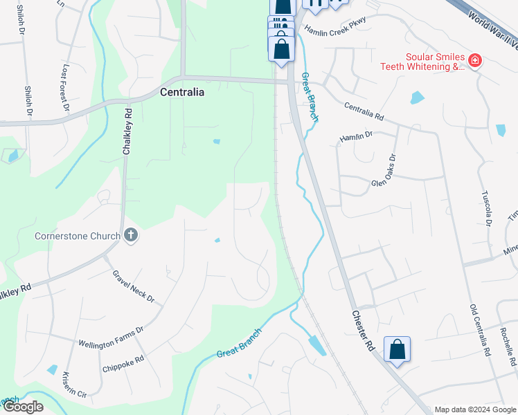 map of restaurants, bars, coffee shops, grocery stores, and more near 4331 Ganymede Drive in Chester