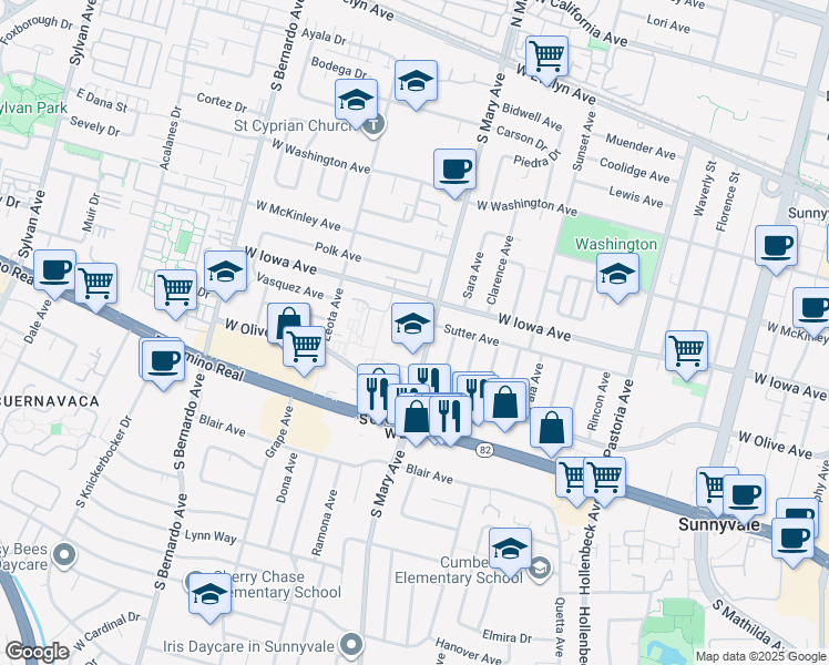 map of restaurants, bars, coffee shops, grocery stores, and more near 437 South Mary Avenue in Sunnyvale