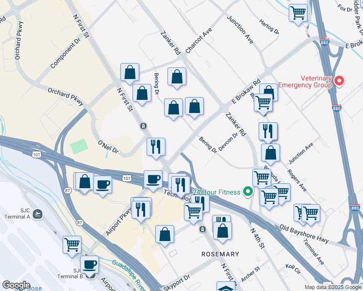 map of restaurants, bars, coffee shops, grocery stores, and more near 55 E Brokaw Rd in San Jose