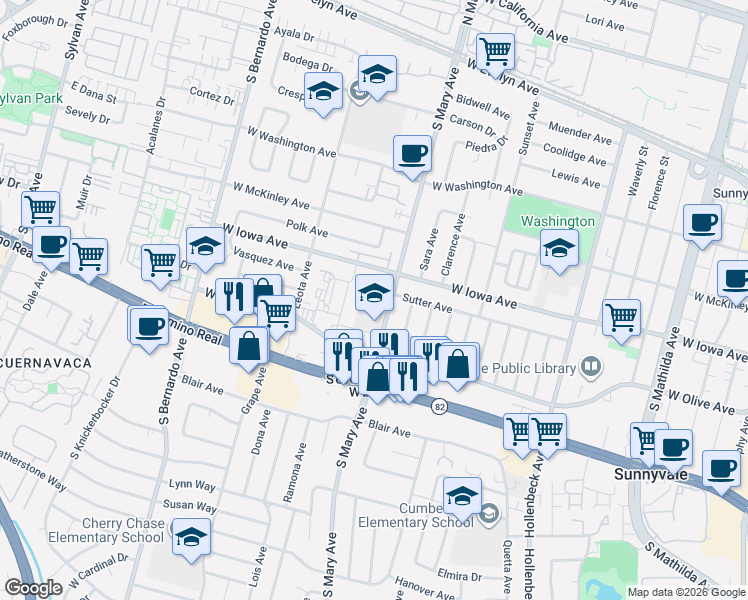 map of restaurants, bars, coffee shops, grocery stores, and more near 416 Madera Avenue in Sunnyvale