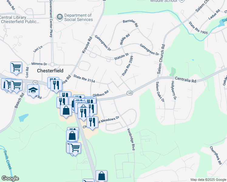 map of restaurants, bars, coffee shops, grocery stores, and more near 9909 Oldbern Court in Chesterfield