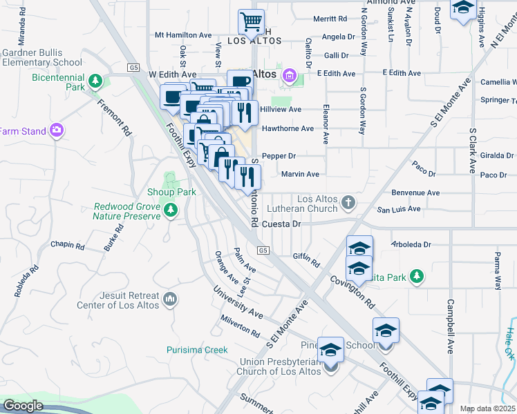 map of restaurants, bars, coffee shops, grocery stores, and more near 32 Lyell Street in Los Altos