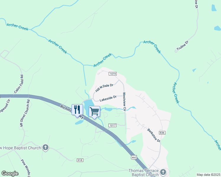 map of restaurants, bars, coffee shops, grocery stores, and more near 195 Hill N Dale Drive in Lynchburg