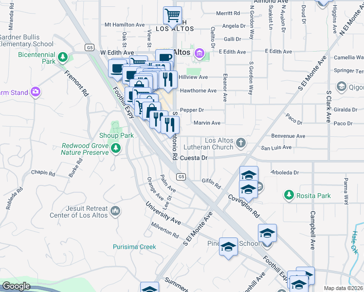 map of restaurants, bars, coffee shops, grocery stores, and more near 32 Lyell Street in Los Altos