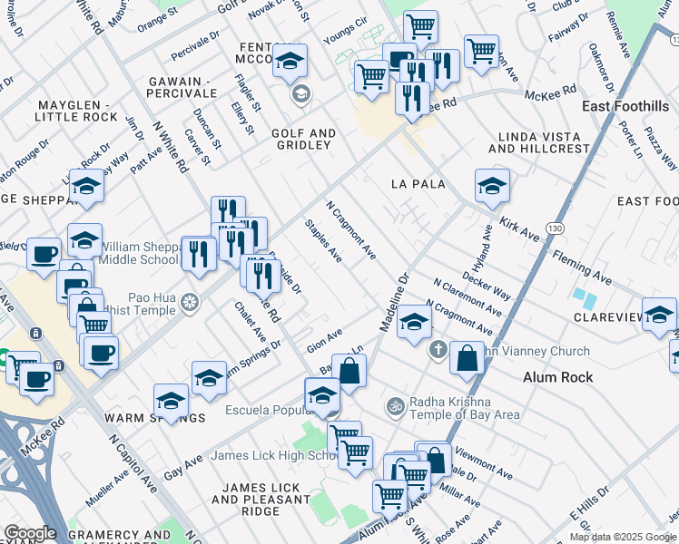 map of restaurants, bars, coffee shops, grocery stores, and more near 273 Staples Avenue in San Jose