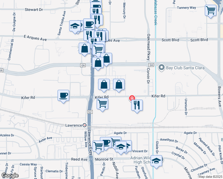 map of restaurants, bars, coffee shops, grocery stores, and more near 2938 Copper Road in Santa Clara