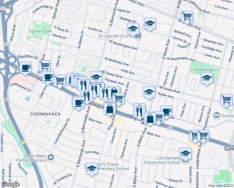 map of restaurants, bars, coffee shops, grocery stores, and more near 1111 Viscaino Avenue in Sunnyvale