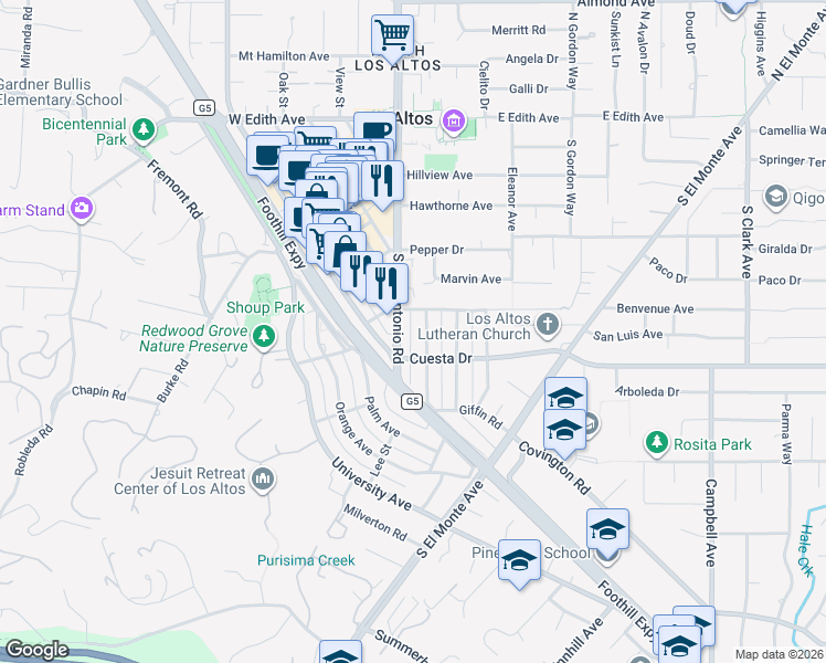 map of restaurants, bars, coffee shops, grocery stores, and more near 32 Lyell Street in Los Altos
