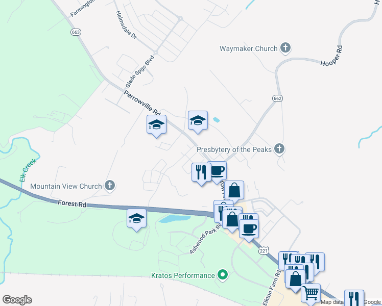 map of restaurants, bars, coffee shops, grocery stores, and more near 2206 Cavalier Circle in Forest