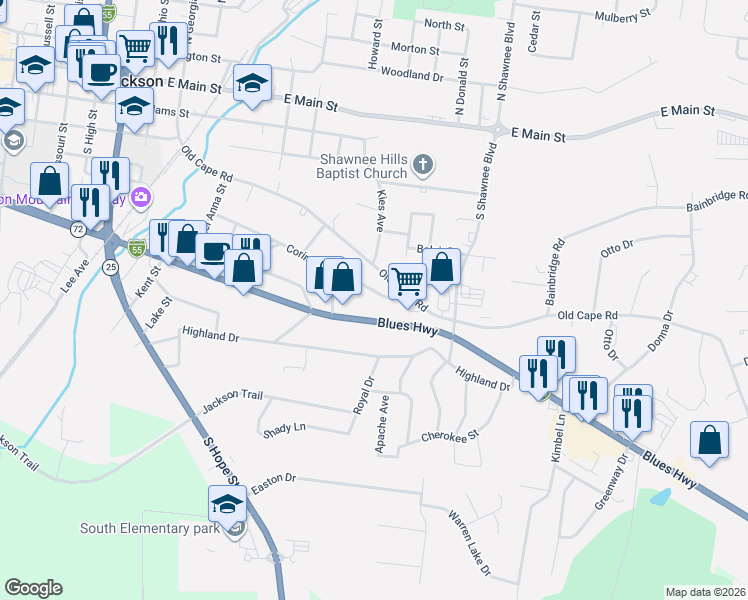 map of restaurants, bars, coffee shops, grocery stores, and more near 1060 Corinne Street in Jackson