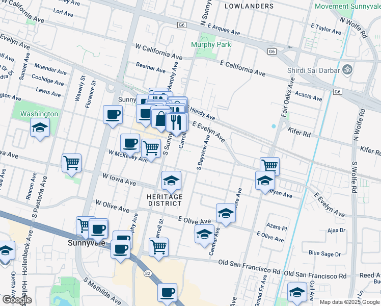 map of restaurants, bars, coffee shops, grocery stores, and more near 224 Carroll Street in Sunnyvale