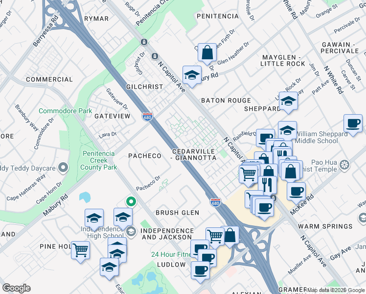 map of restaurants, bars, coffee shops, grocery stores, and more near 2474 Clear Spring Court in San Jose