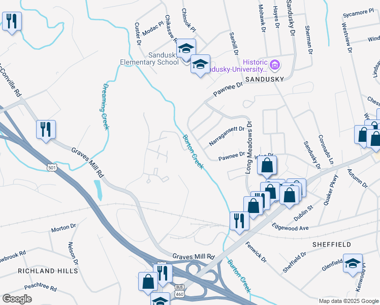 map of restaurants, bars, coffee shops, grocery stores, and more near 1303 Mill Stream Lane in Lynchburg
