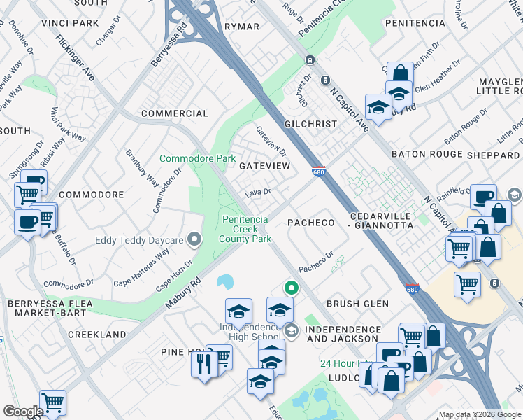 map of restaurants, bars, coffee shops, grocery stores, and more near 796 Ferndale Court in San Jose