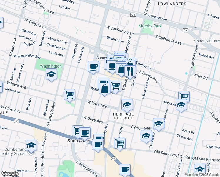map of restaurants, bars, coffee shops, grocery stores, and more near 240 South Taaffe Street in Sunnyvale