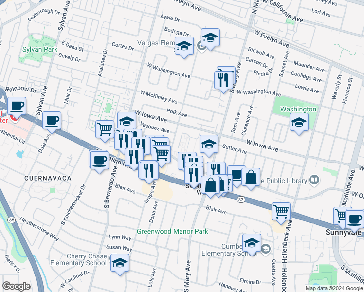 map of restaurants, bars, coffee shops, grocery stores, and more near 1085 West Olive Avenue in Sunnyvale