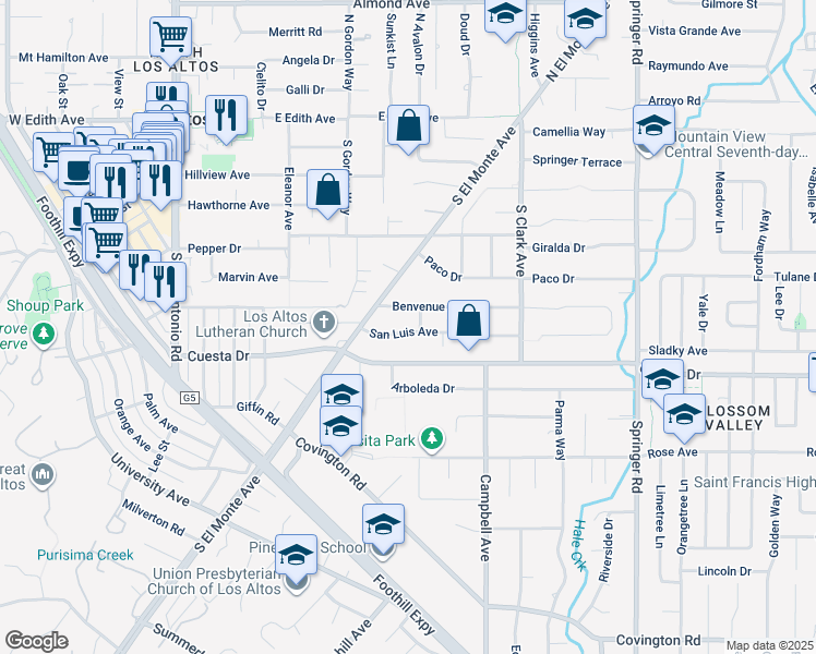 map of restaurants, bars, coffee shops, grocery stores, and more near 381 San Luis Avenue in Los Altos