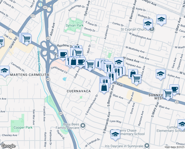 map of restaurants, bars, coffee shops, grocery stores, and more near 881 East El Camino Real in Mountain View