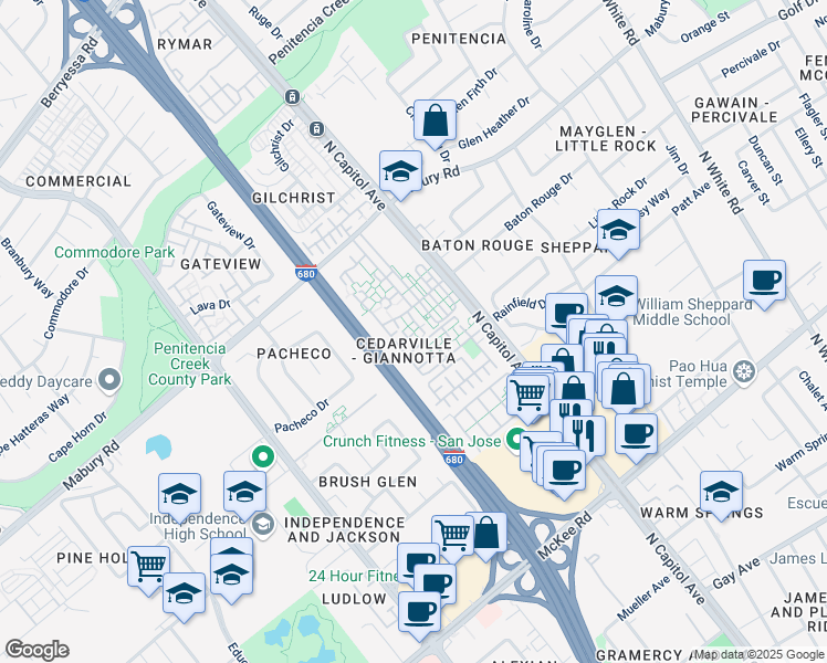 map of restaurants, bars, coffee shops, grocery stores, and more near 2482 Baton Rouge Drive in San Jose
