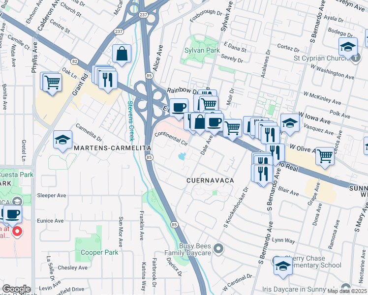 map of restaurants, bars, coffee shops, grocery stores, and more near 703 East El Camino Real in Mountain View