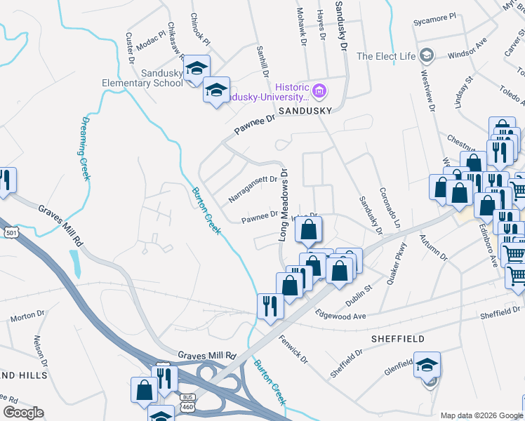 map of restaurants, bars, coffee shops, grocery stores, and more near 105 Morris Lane in Lynchburg