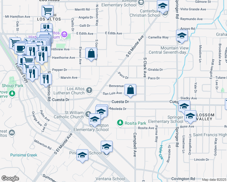 map of restaurants, bars, coffee shops, grocery stores, and more near 381 San Luis Avenue in Los Altos