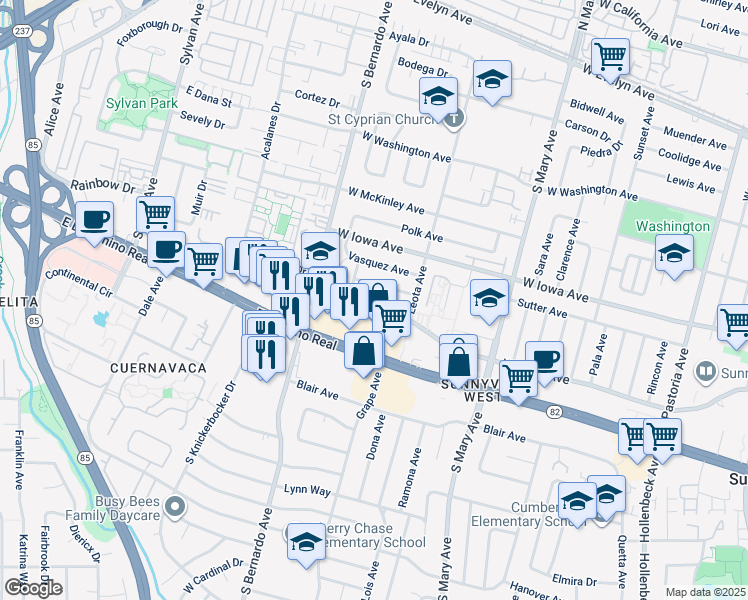 map of restaurants, bars, coffee shops, grocery stores, and more near 1141 West Olive Avenue in Sunnyvale