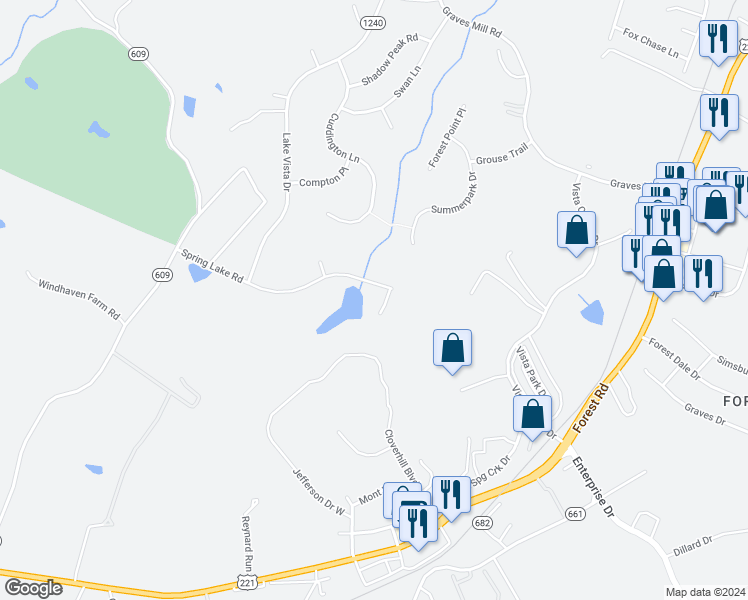 map of restaurants, bars, coffee shops, grocery stores, and more near 101 Deep Spring Circle in Forest