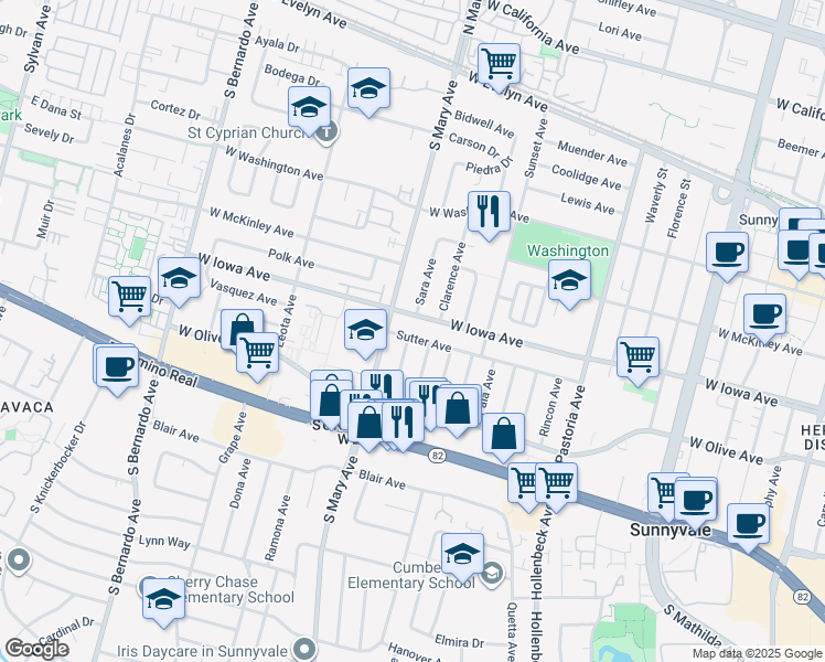 map of restaurants, bars, coffee shops, grocery stores, and more near 398 Sara Avenue in Sunnyvale