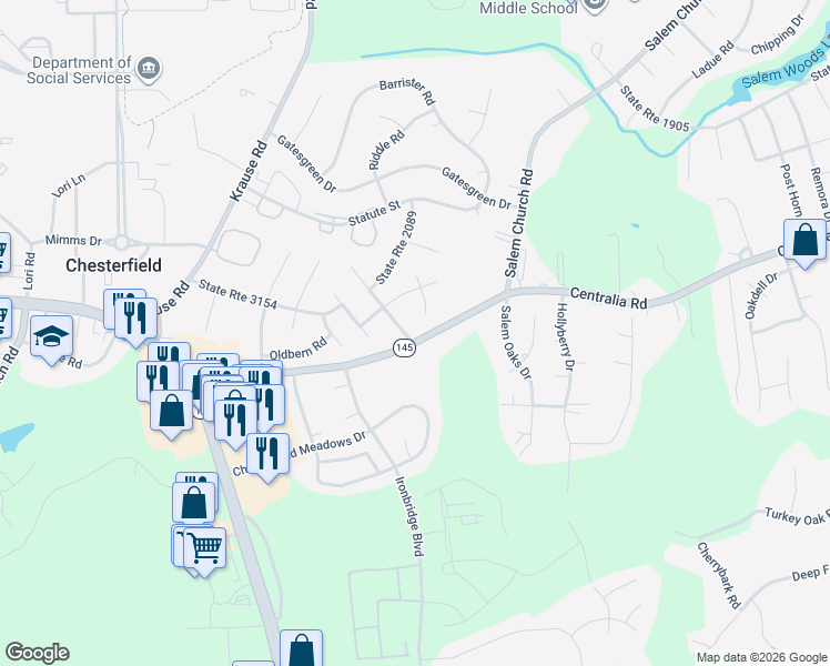map of restaurants, bars, coffee shops, grocery stores, and more near 6001 Holly Trace Terrace in Chesterfield