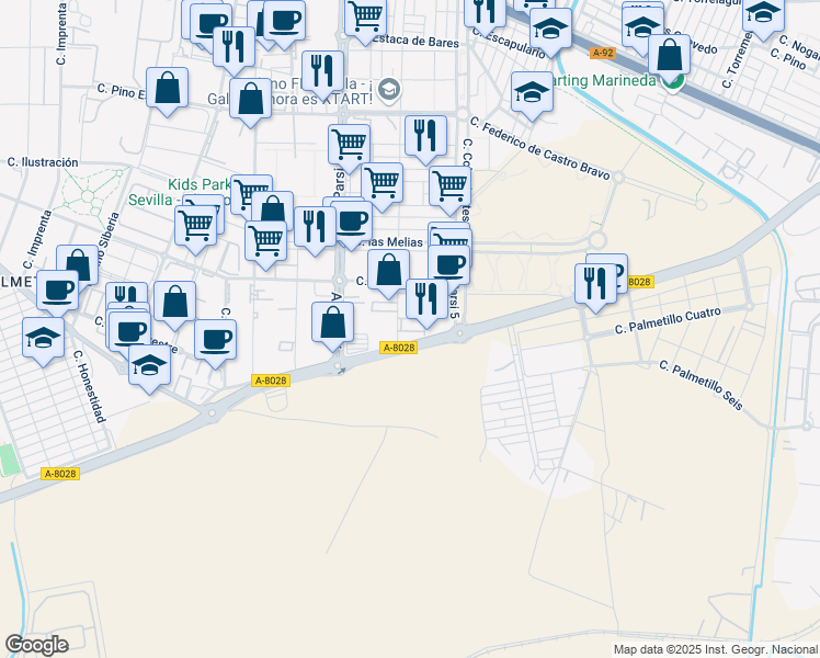 map of restaurants, bars, coffee shops, grocery stores, and more near 14 Avenida Parsi in Sevilla