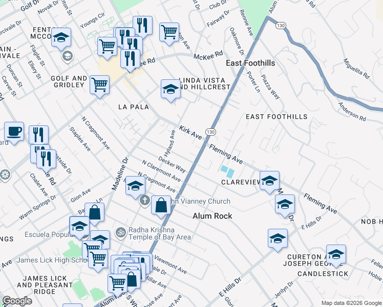 map of restaurants, bars, coffee shops, grocery stores, and more near 19 Kirk Avenue in San Jose