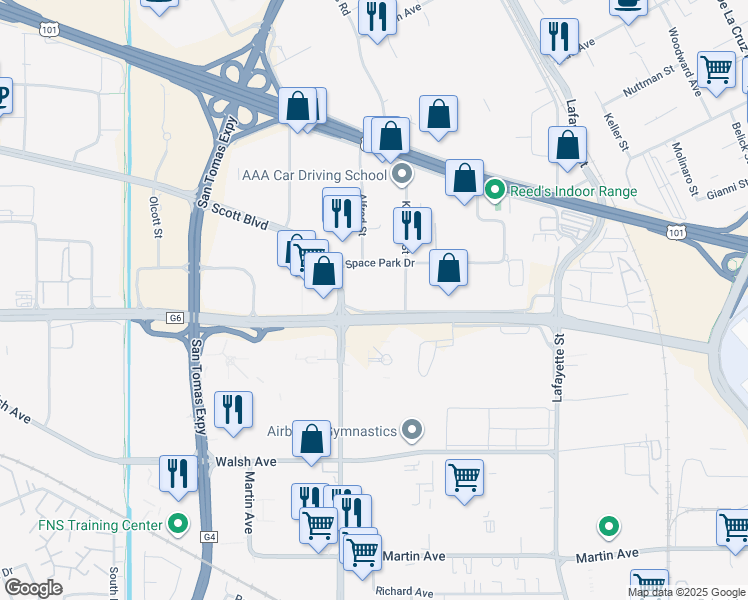 map of restaurants, bars, coffee shops, grocery stores, and more near 1700 Space Park Drive in Santa Clara