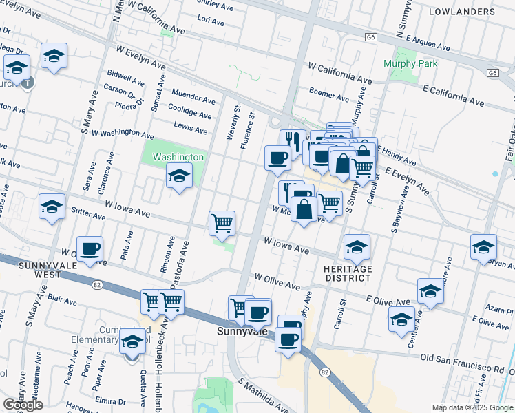 map of restaurants, bars, coffee shops, grocery stores, and more near 475 West McKinley Avenue in Sunnyvale