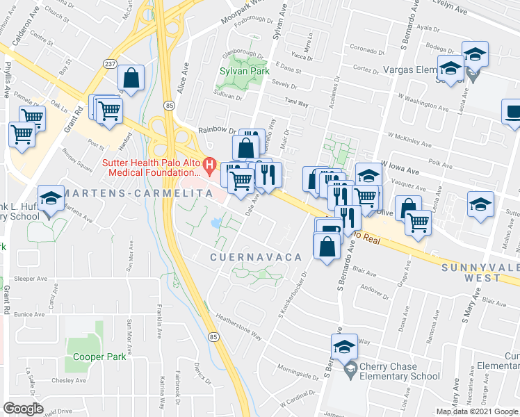 map of restaurants, bars, coffee shops, grocery stores, and more near 805 East El Camino Real in Mountain View