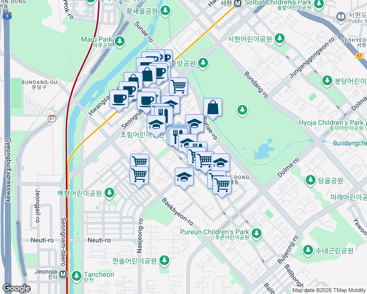 map of restaurants, bars, coffee shops, grocery stores, and more near in Seongnam-si