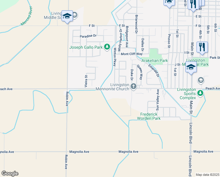 map of restaurants, bars, coffee shops, grocery stores, and more near 13638 Peach Avenue in Livingston