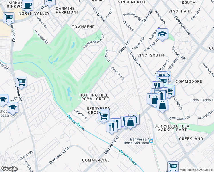 map of restaurants, bars, coffee shops, grocery stores, and more near 1233 Briarleaf Circle in San Jose