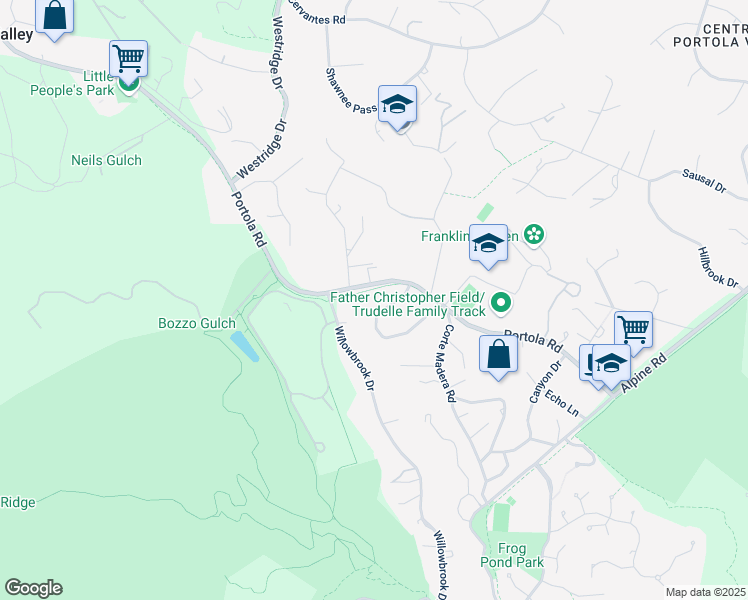 map of restaurants, bars, coffee shops, grocery stores, and more near 167 Brookside Drive in Portola Valley