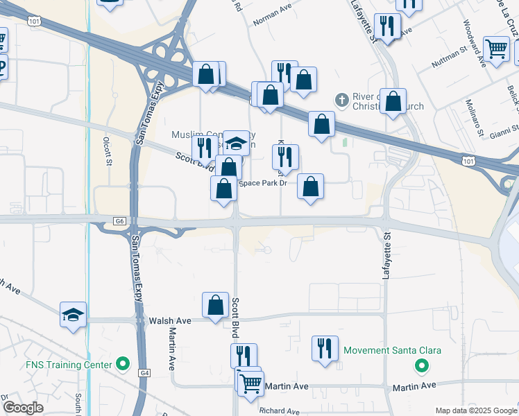 map of restaurants, bars, coffee shops, grocery stores, and more near 1725 Comstock Street in Santa Clara
