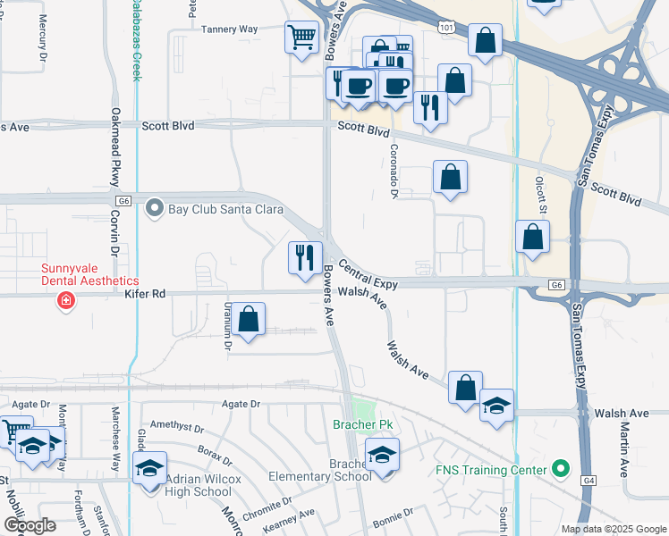 map of restaurants, bars, coffee shops, grocery stores, and more near 2975 Bowers Avenue in Santa Clara