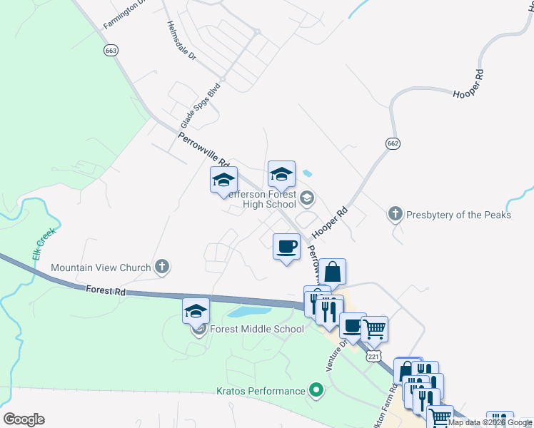 map of restaurants, bars, coffee shops, grocery stores, and more near 2206 Cavalier Circle in Forest