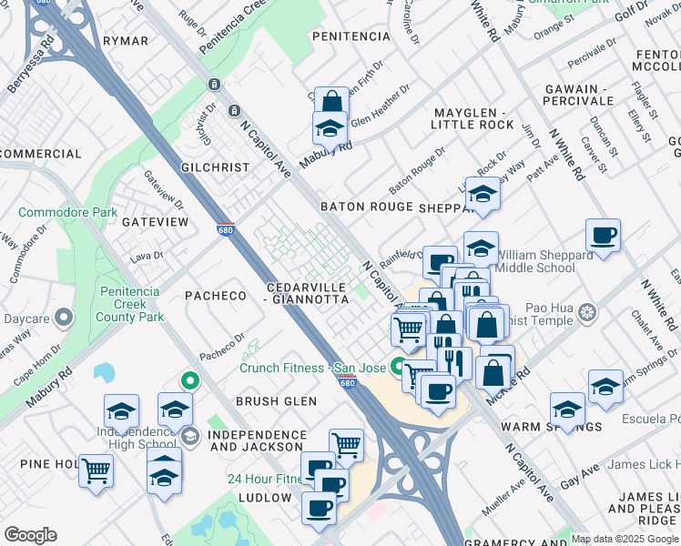 map of restaurants, bars, coffee shops, grocery stores, and more near 2599 Easton Lane in San Jose