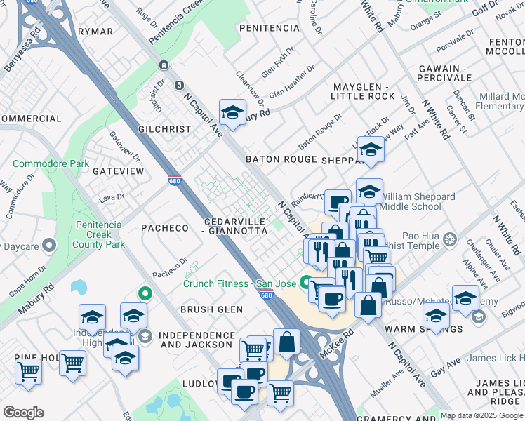 map of restaurants, bars, coffee shops, grocery stores, and more near 2599 Easton Lane in San Jose