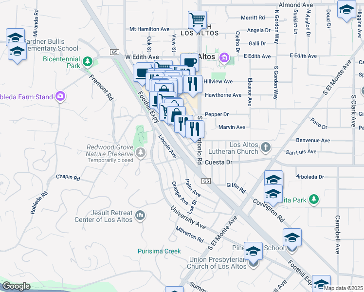 map of restaurants, bars, coffee shops, grocery stores, and more near 396 1st Street in Los Altos