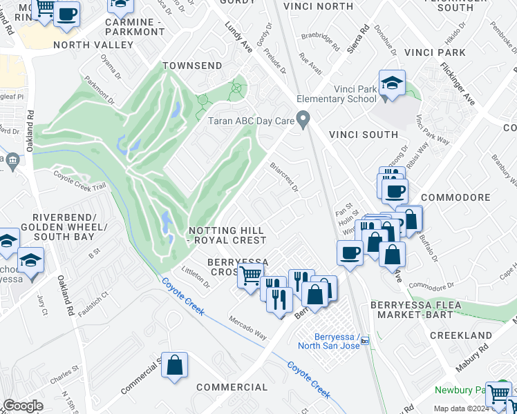 map of restaurants, bars, coffee shops, grocery stores, and more near 1233 Briarleaf Circle in San Jose