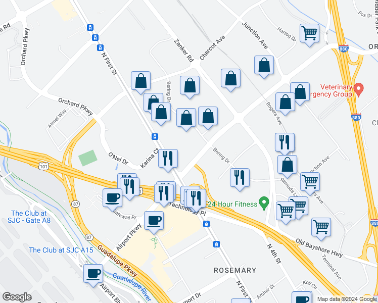 map of restaurants, bars, coffee shops, grocery stores, and more near 55 East Brokaw Road in San Jose