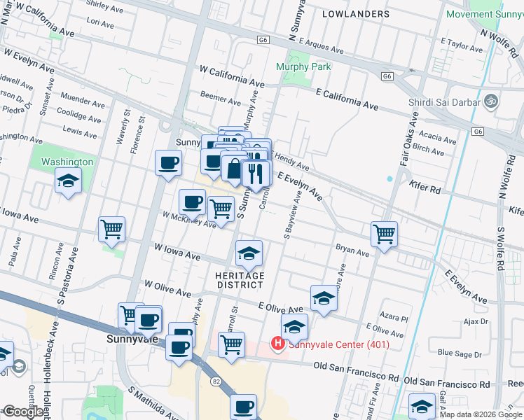 map of restaurants, bars, coffee shops, grocery stores, and more near 319 East Washington Avenue in Sunnyvale